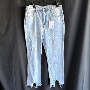 High-Rise Light Blue Cropped Straight Jeans with Frayed Hem